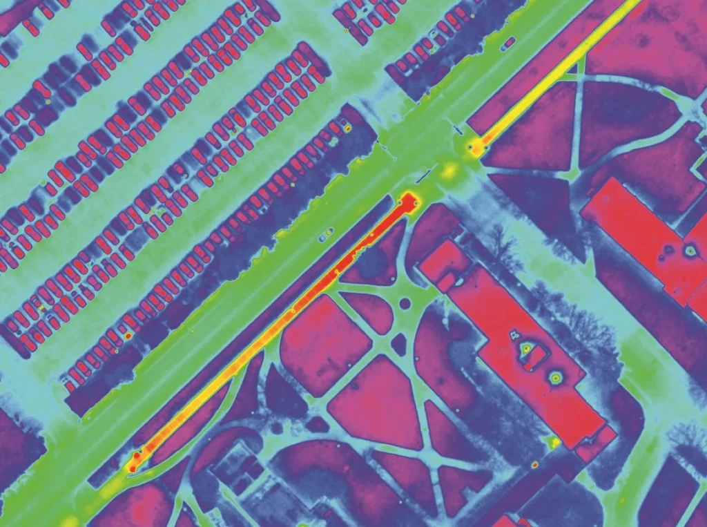 High temperature hot water leak detection showing thermal anomalies along buried HTHW distribution lines