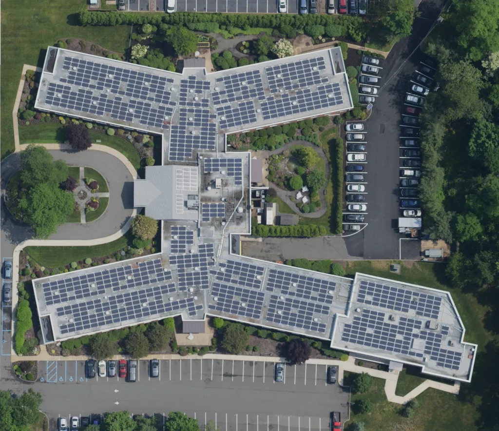 Aerial view of a utility-scale solar field surveyed with aircraft-based infrared thermography