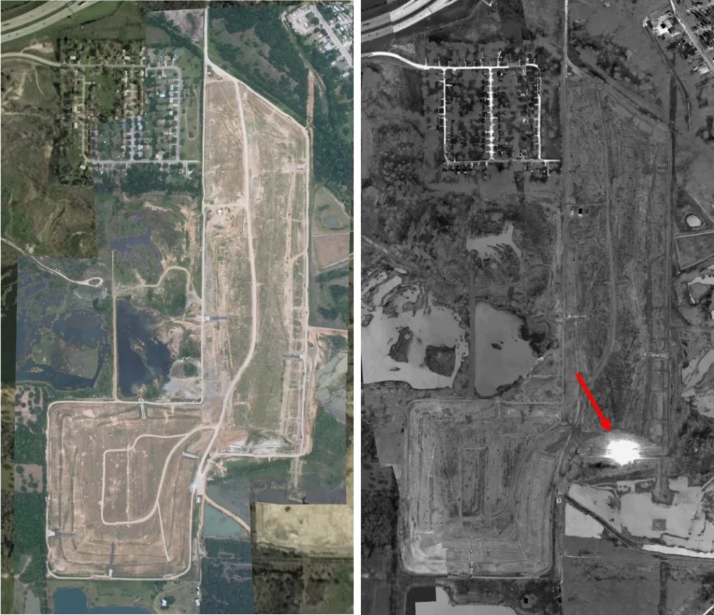 Landfill fire detection showing a major thermal hotspot across a municipal solid waste site
