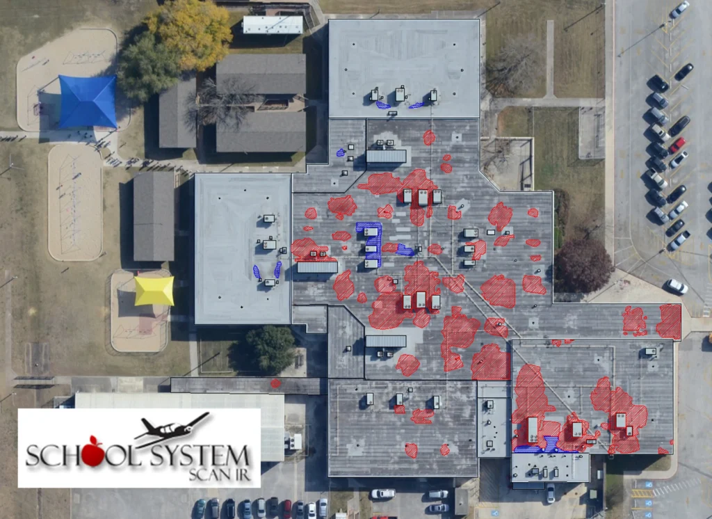 School district infrared survey showing mapped roof moisture anomalies across a K-12 school campus