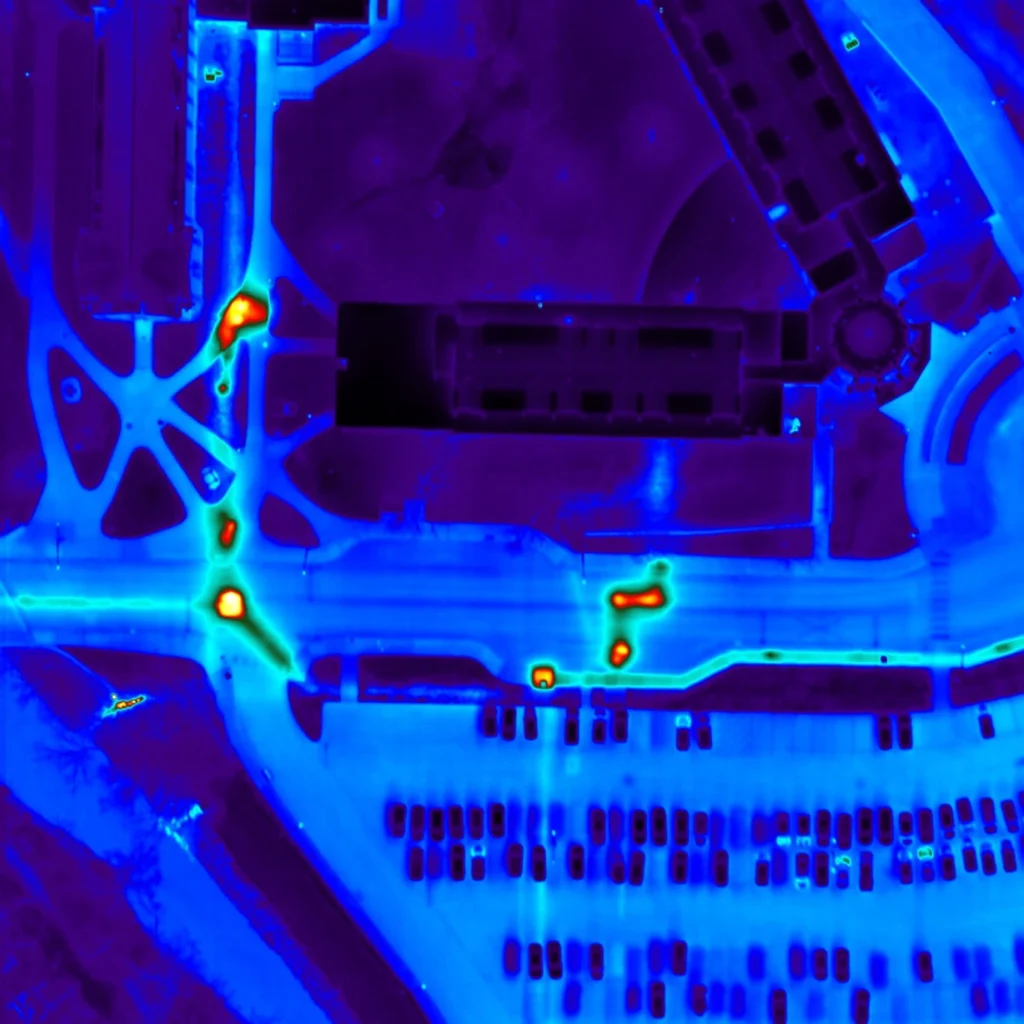 Aerial thermal mapping showing heat anomalies across buildings, roads, and infrastructure