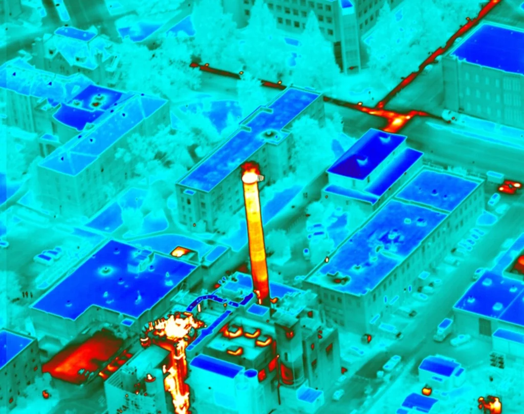 University infrared survey showing thermal patterns across campus buildings, roofs, and utility infrastructure